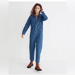 Garment-Dyed Denim Crop Coverall Jumpsuit